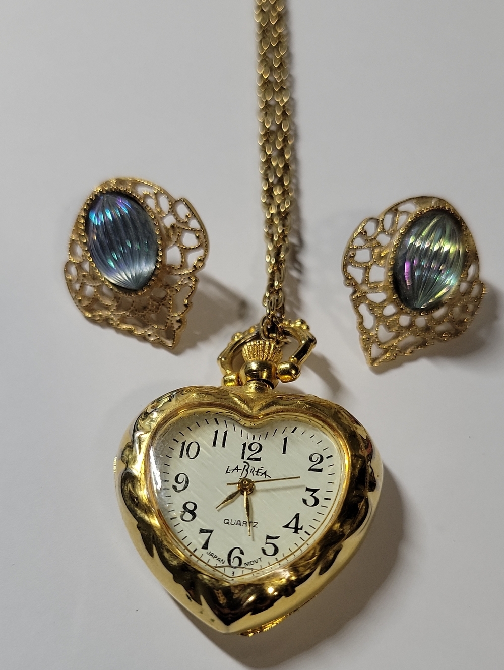 Labrea Gold Tone Heart Pendant Watch Necklace with Iridescent Earrings